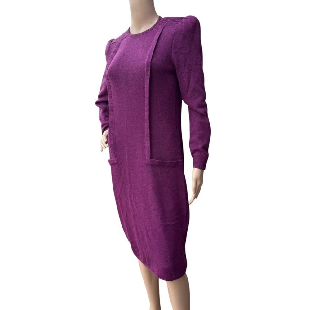 Vintage ST JOHN Marie Gray Santana Knit Dress Purple Shoulder Pads Pockets Small